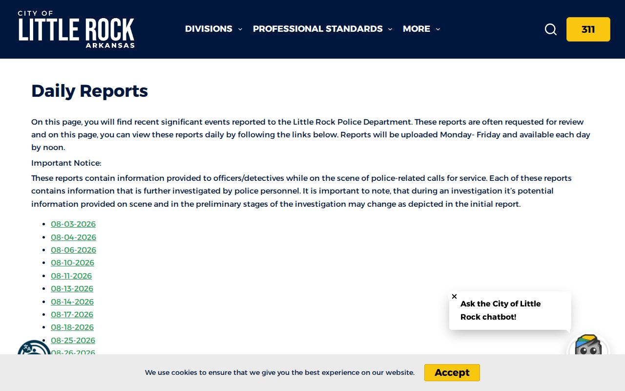 Little Rock Police Department Daily Reports webpage