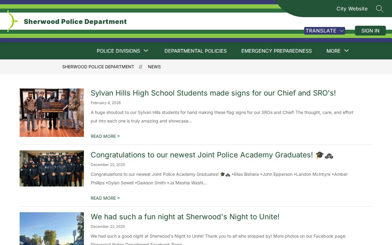 Sherwood Police Department news webpage